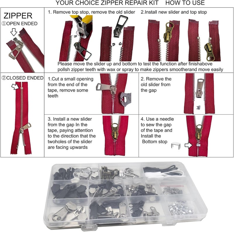 ZOMETUO 254 Pcs Zipper Repair Kit with Case Include Zipper Replacement and Pull, Universal Zippers Replacement kit for Cloting, Jackets, Coat, Boot, Backpack, Purse and Outdoor Gear - Image 5